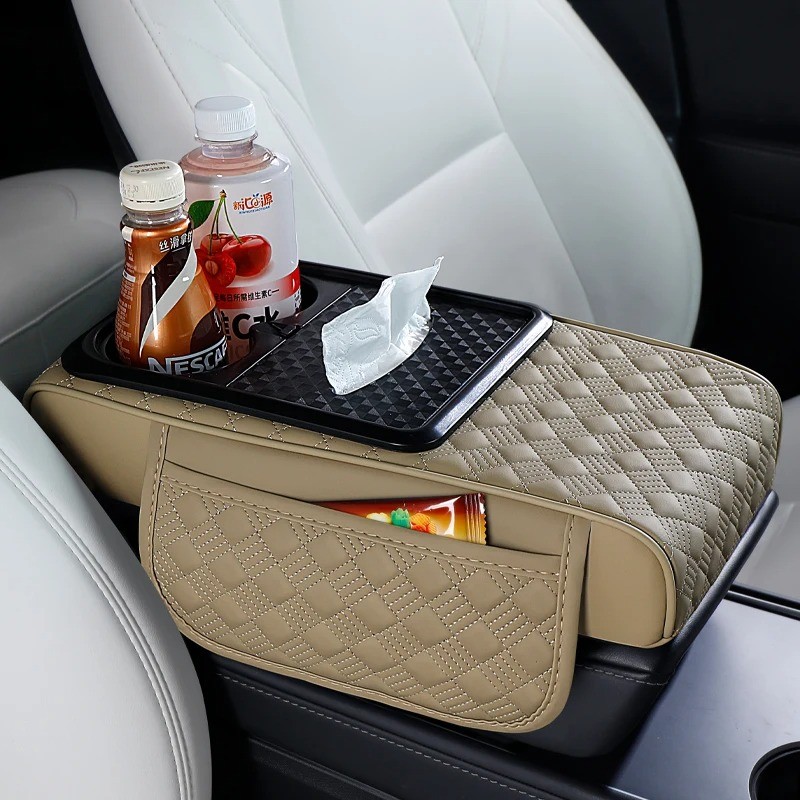 Car Armrest Cushion Center Console Cover with Cup Holder&Tissue Box&Phone Holder