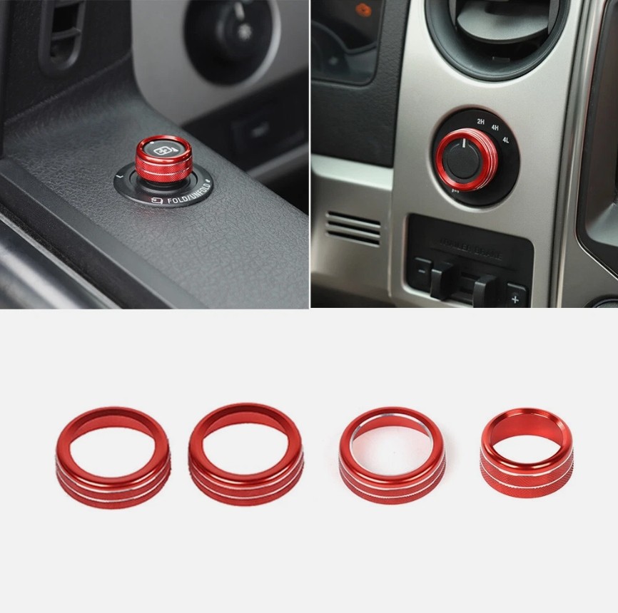 4X Headlight 4WD Switch Cover Control Knob Ring Trim for Ford F150 2009-2014 Red