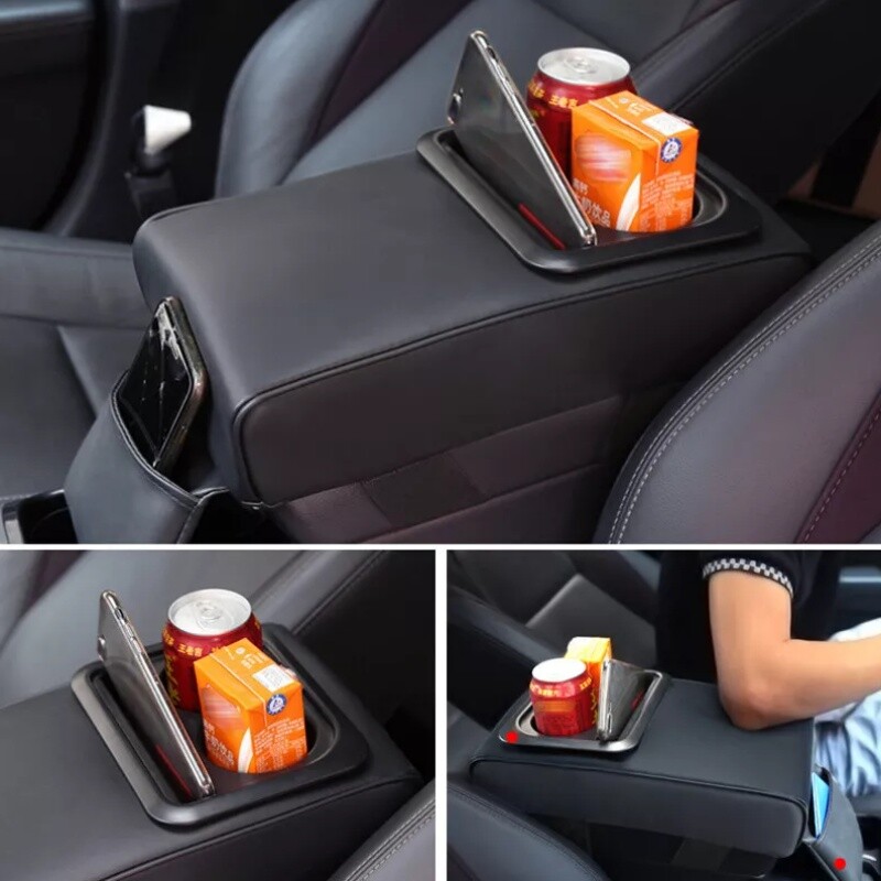 Black Car Armrest Box Cushion Pad Center Console Cover With Cup Holder Storage
