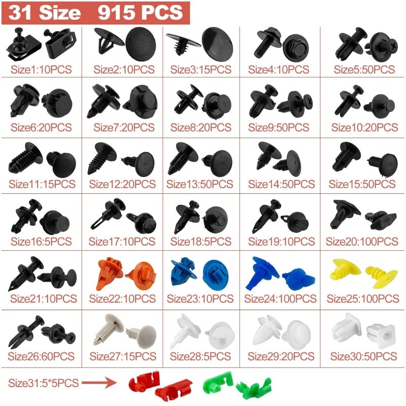 970PCS Car Push Retainer Clips Auto Fastener Trim Clips Bumper Fender Rivets Kit