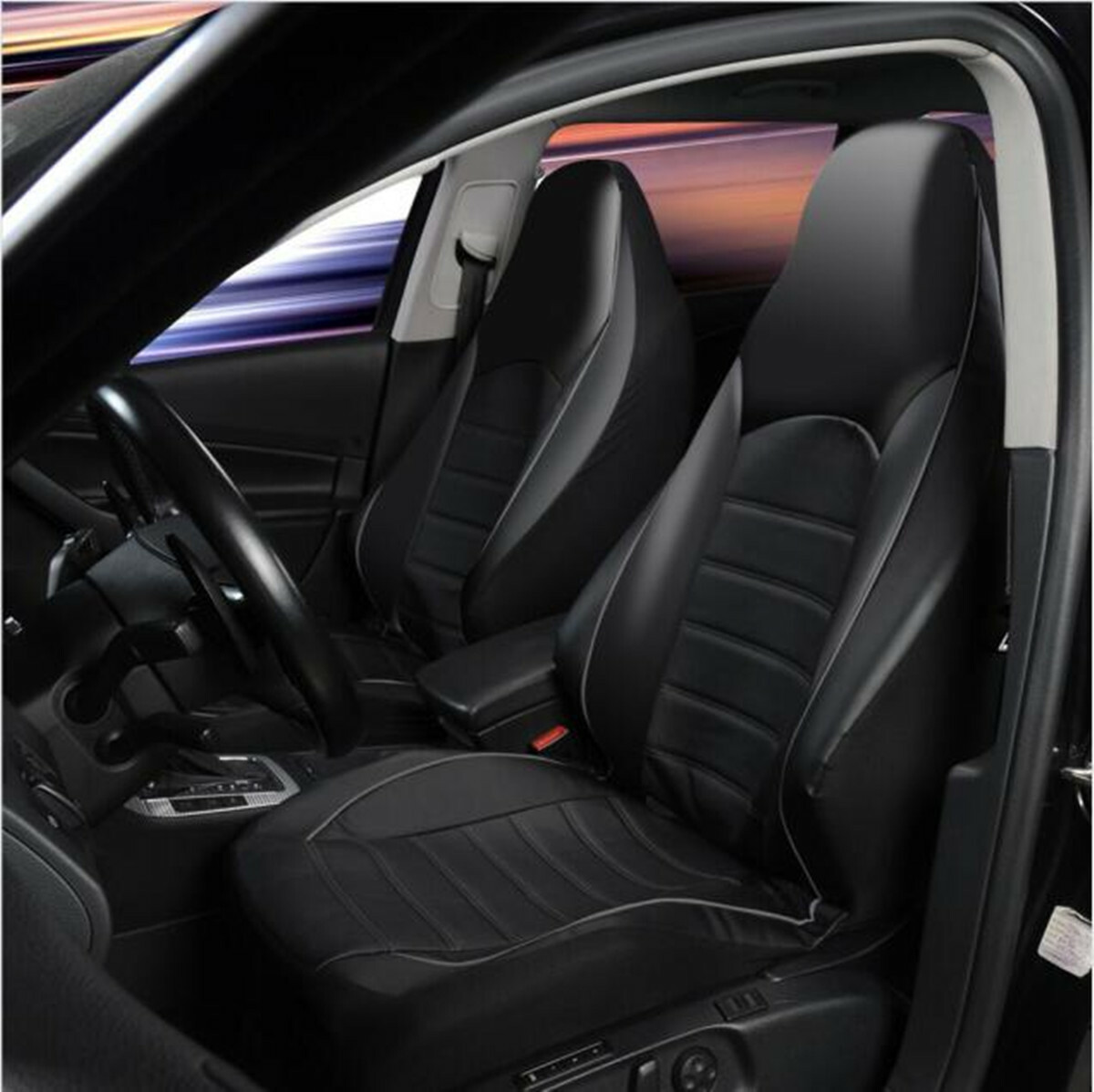 2Pcs Car Front Seat Covers PU Leather High Back Bucket Char Cushion Sport Style