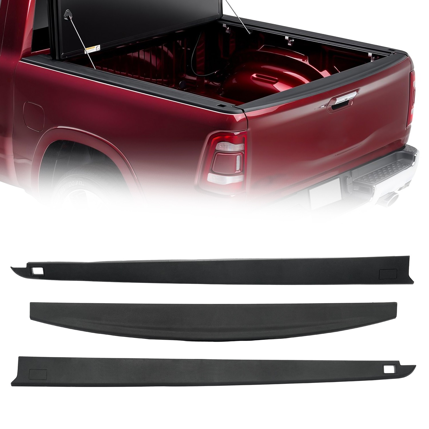 Rear Bed Rail Cap Molding 3PC Set Fit 2009-2018 Ram 1500 Crew Cab 5’7″ Short Bed