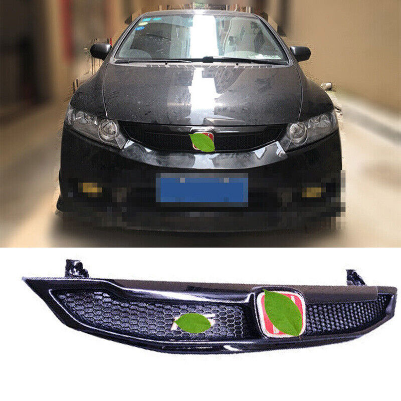 Bright Black Front Honeycomb Center Grille 2009-2011 For Honda Civic Cover Trim