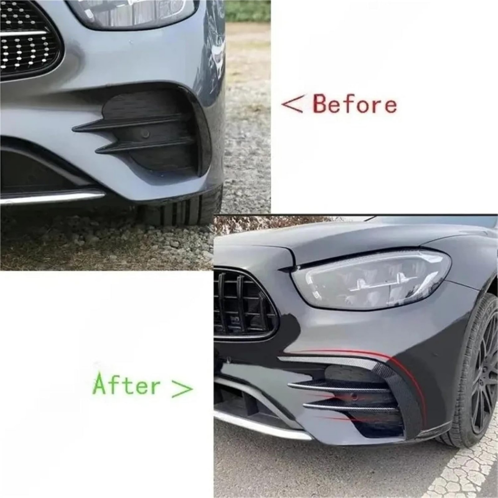 For Benz E-Class W213 16-2020 Glossy Black Front Bumper Lip Spoiler Fins Canards