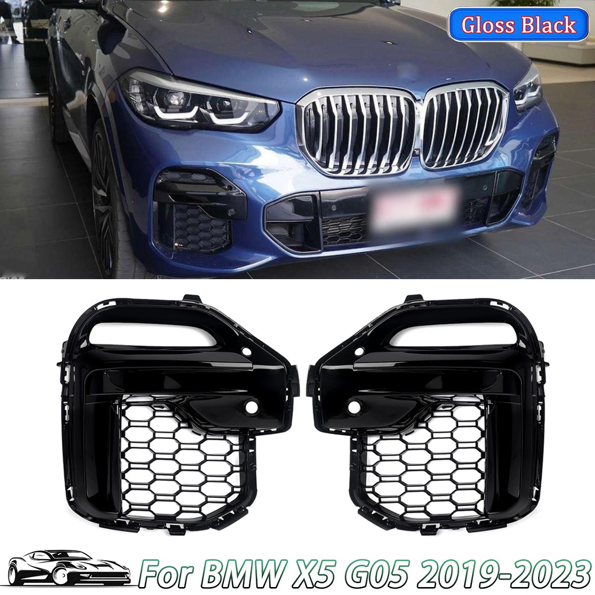 Pair Gloss Black Front Bumper Fog Light Grille Cover For BMW X5 G05 2019-2023