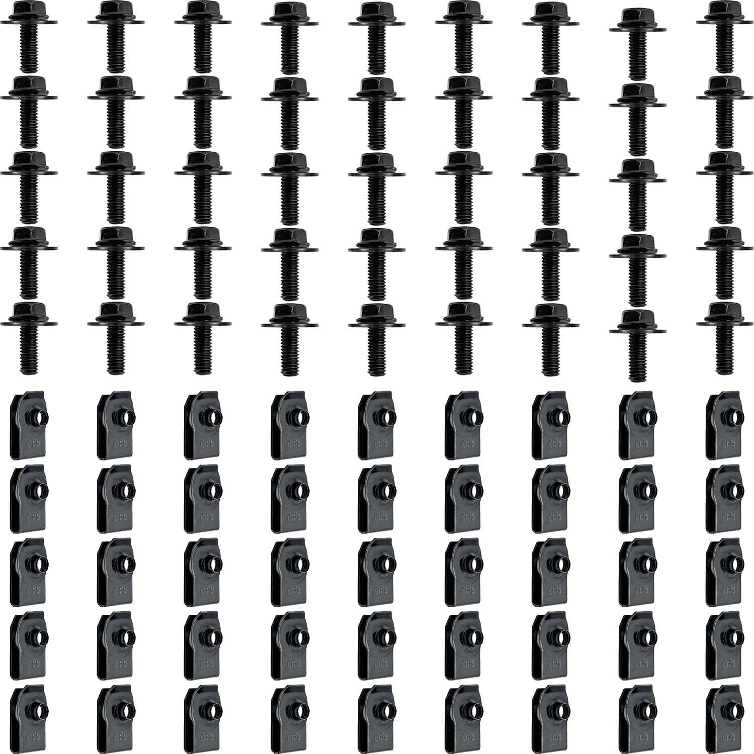 100 Pcs M6-1.0 Body Bolts and U Nuts Kits, Bumper Fender Liner Push Pull -Black
