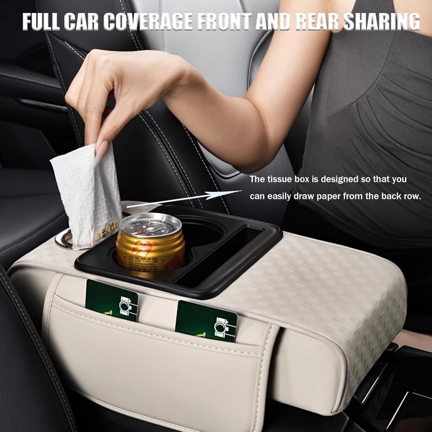 Car Armrest Cushion,Center Console Cover w/ Cup Holder, Storage Bag,Tissue Box