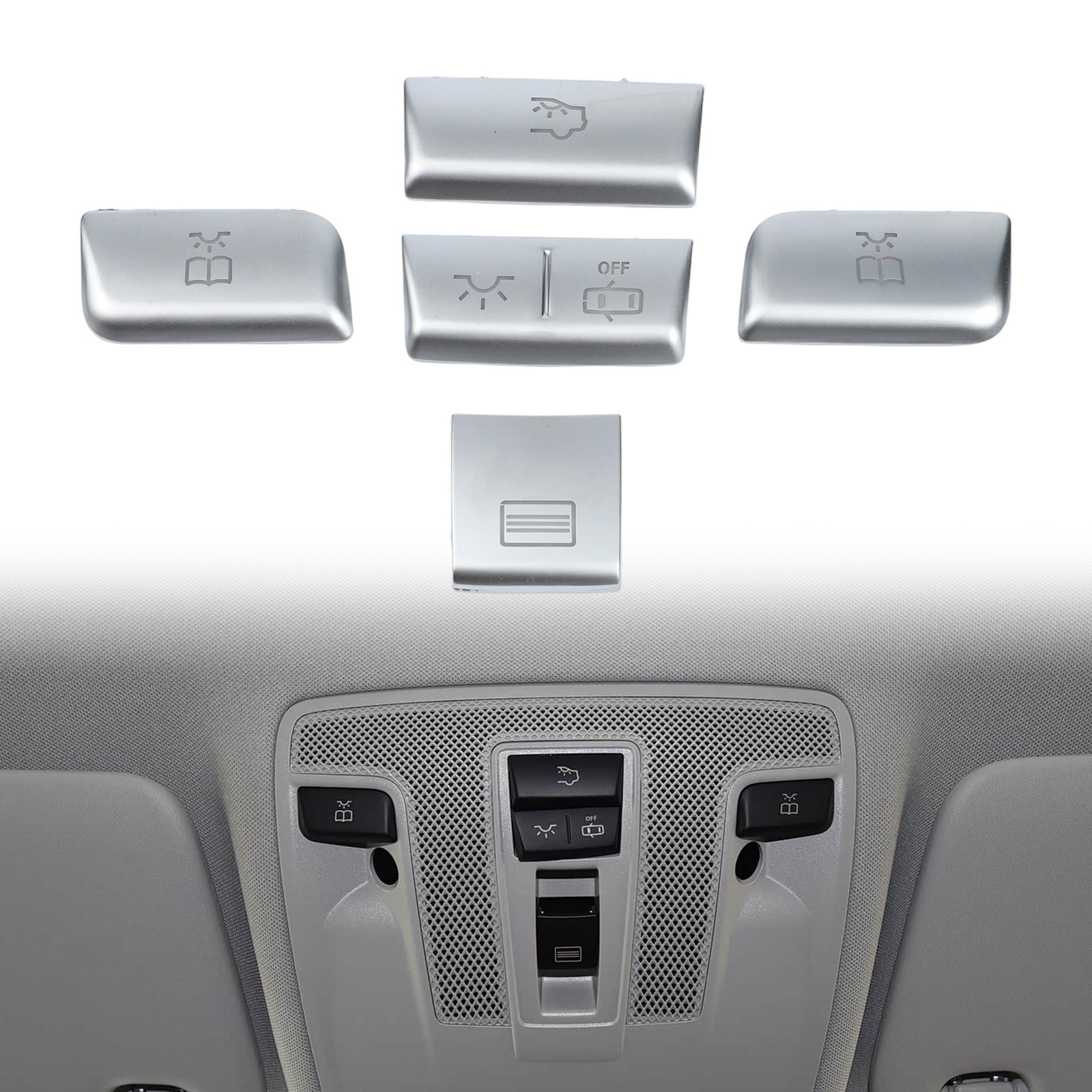 5pcs Silver Roof Reading Lamp Button Patch for Mercedes Car Interior Trim Set