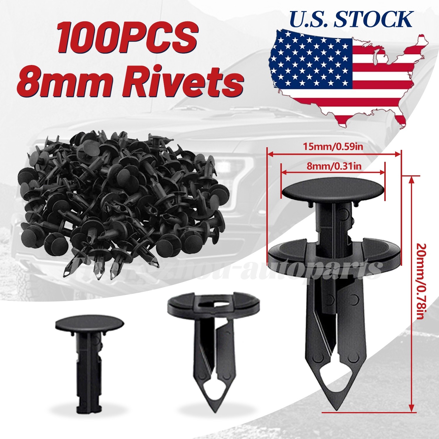 100Pcs 8mm Bumper Clips Auto Car Hole Retainer Rivets Fastener Fender Push Pin