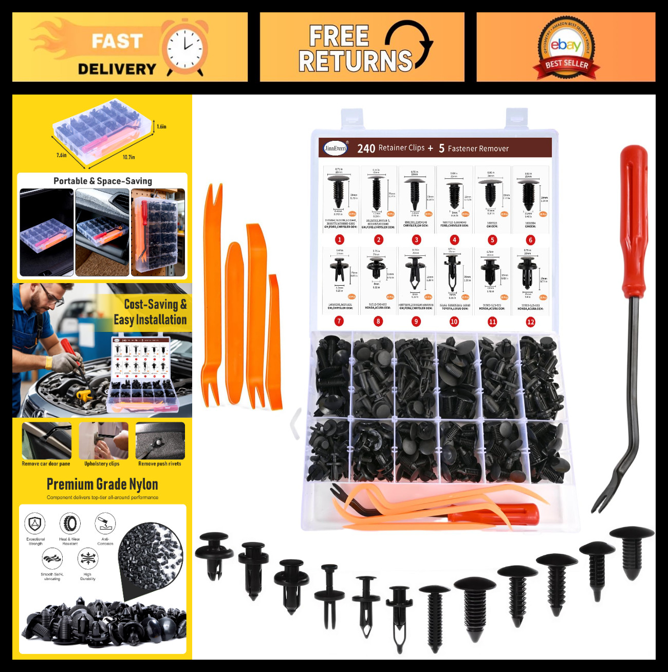 240PCS Auto Bumper Retainer Clips Kit – Plastic Rivets & Push Fasteners for Trim