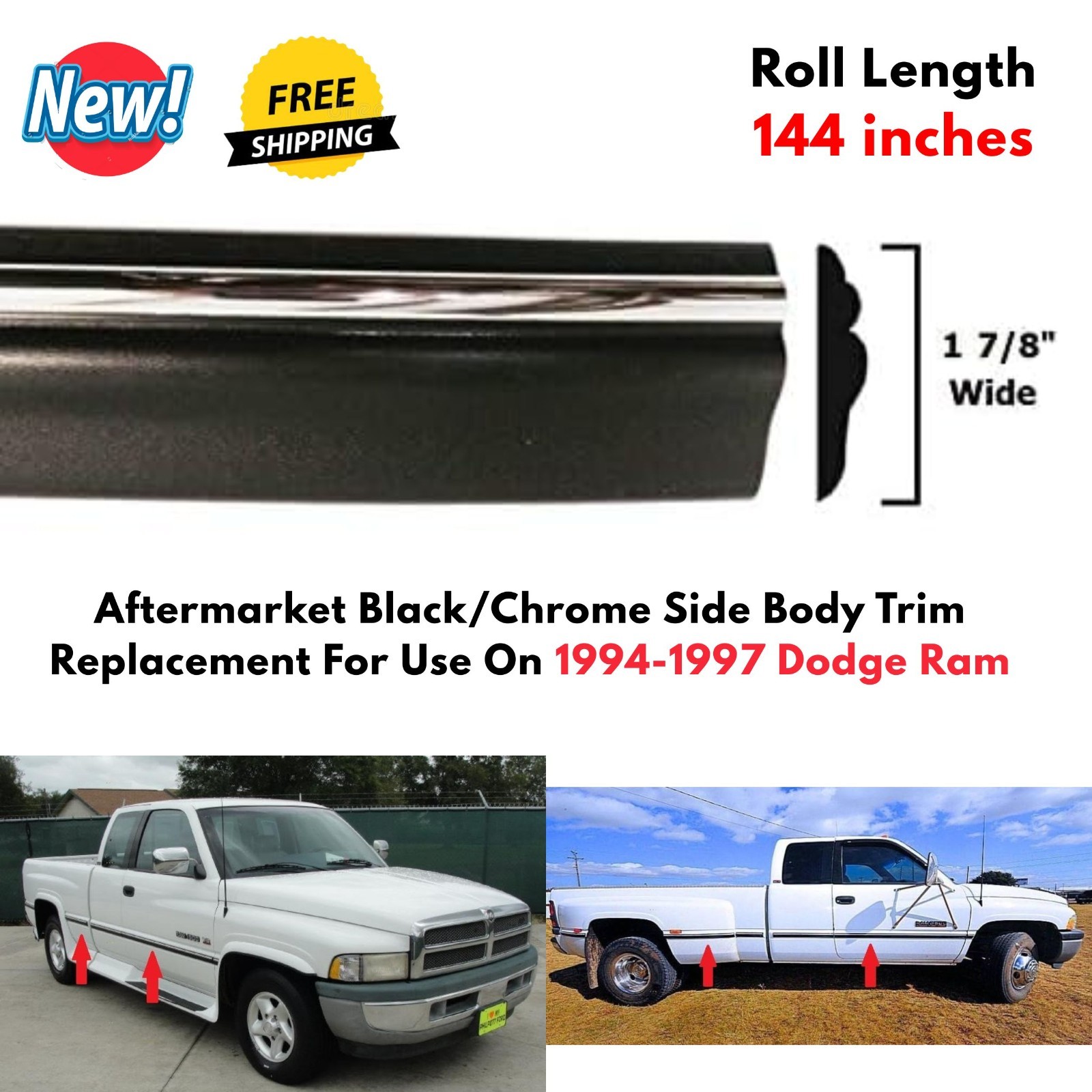 12′ Chrome Black Side Body Trim Molding Replace for 94-97 Dodge Ram Pickup Truck
