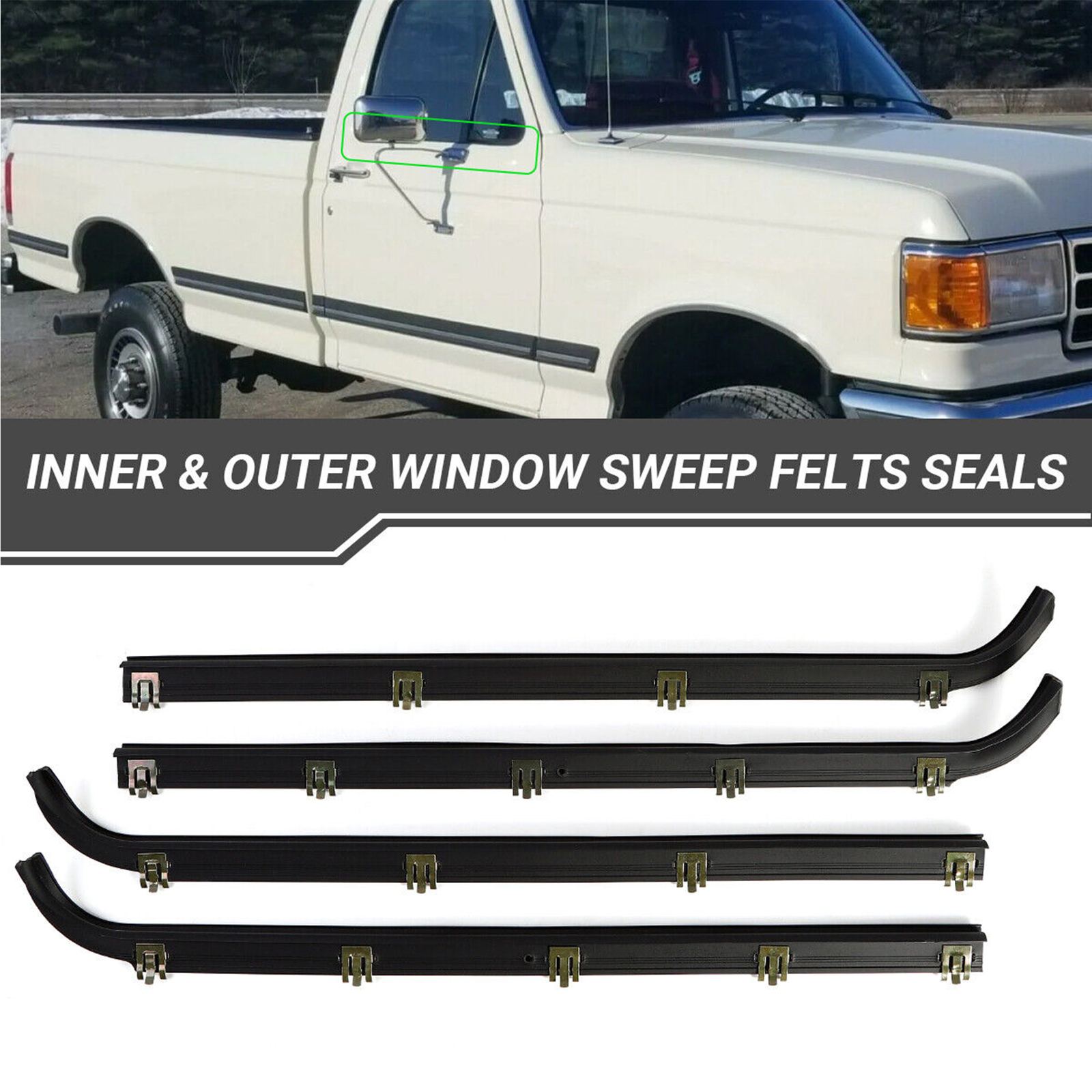 Inner & Outer Window Sweep Felts Seals Weatherstrip for 87-97 Ford F150 Truck