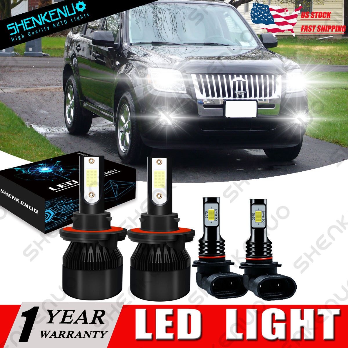 For Mercury Mariner 2005-2011 White COB LED Headlight Hi/Low + Fog Light 4 Bulbs