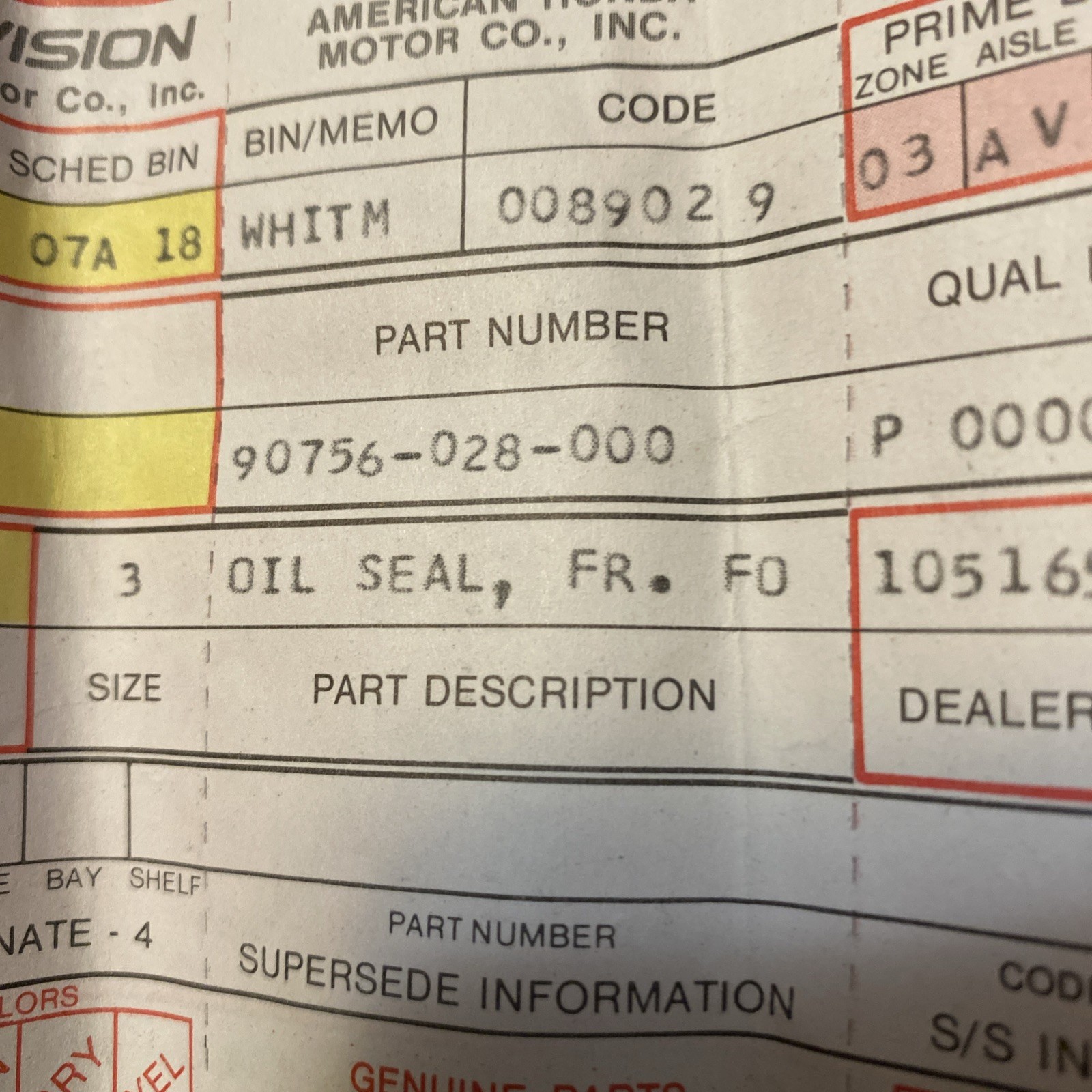 Honda Genuine Parts Oil Seal Part Number 90756–0 28–000 Quantity One
