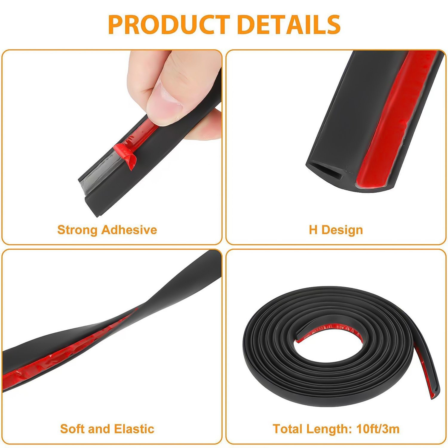 19.7ft/6m Durable Rubber Car Seal Strip Hood Moulding Trim Weatherstrip H-Shape