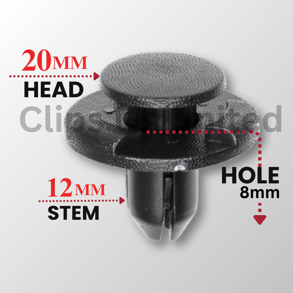 A 21192 Push Type Retainer 20mm Head 12mm Stem 8mm Hole, 01553-05323 25-1000PCS