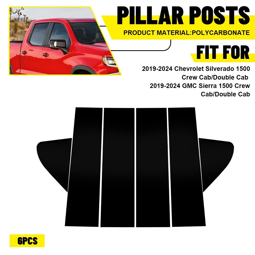 Pillar Posts Glossy black Polycarbonate For GMC Sierra Chevy 2019-2024 Silverado