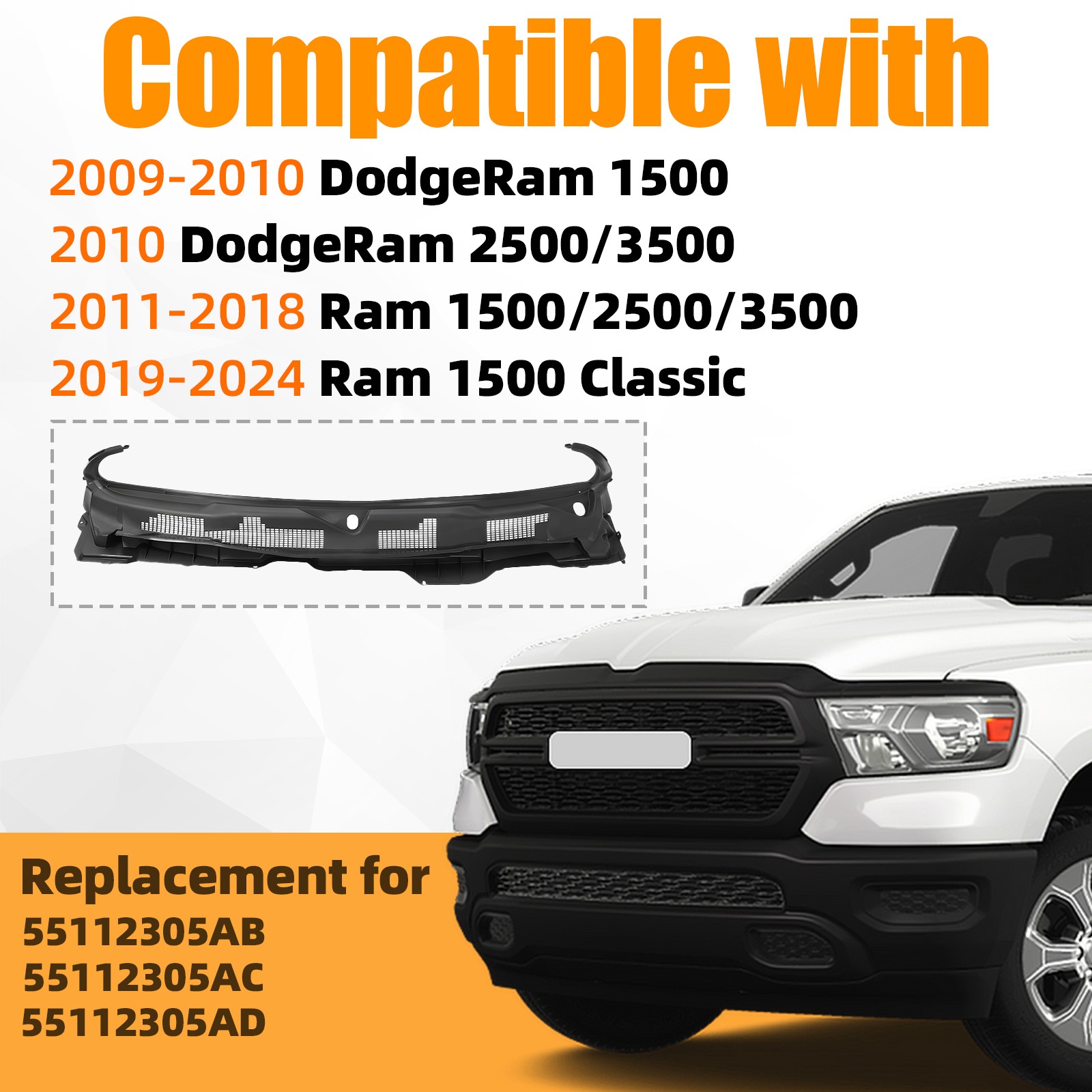 Front Grille Cowl Top Panel Fit for 2009-2023 2024 Dodge Ram 1500 2500 3500