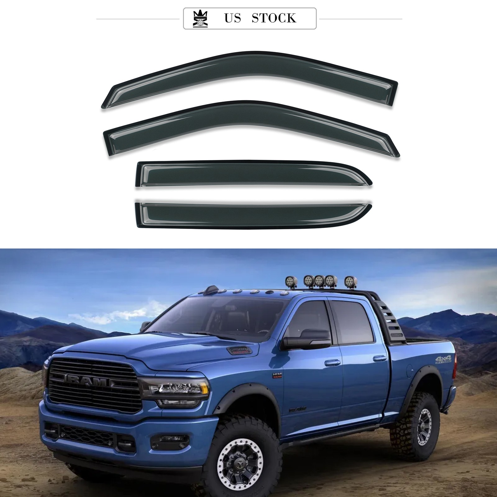 For 09-24 Ram 1500 2500 3500 Crew/Mega Cab Window Visors Acrylic Sun Rain Guard