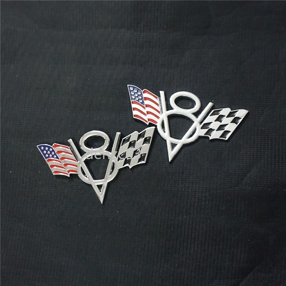 2x Silver Chrome V8 USA Flag Metal Sticker Decal Badge Emblem America AWD Diesel