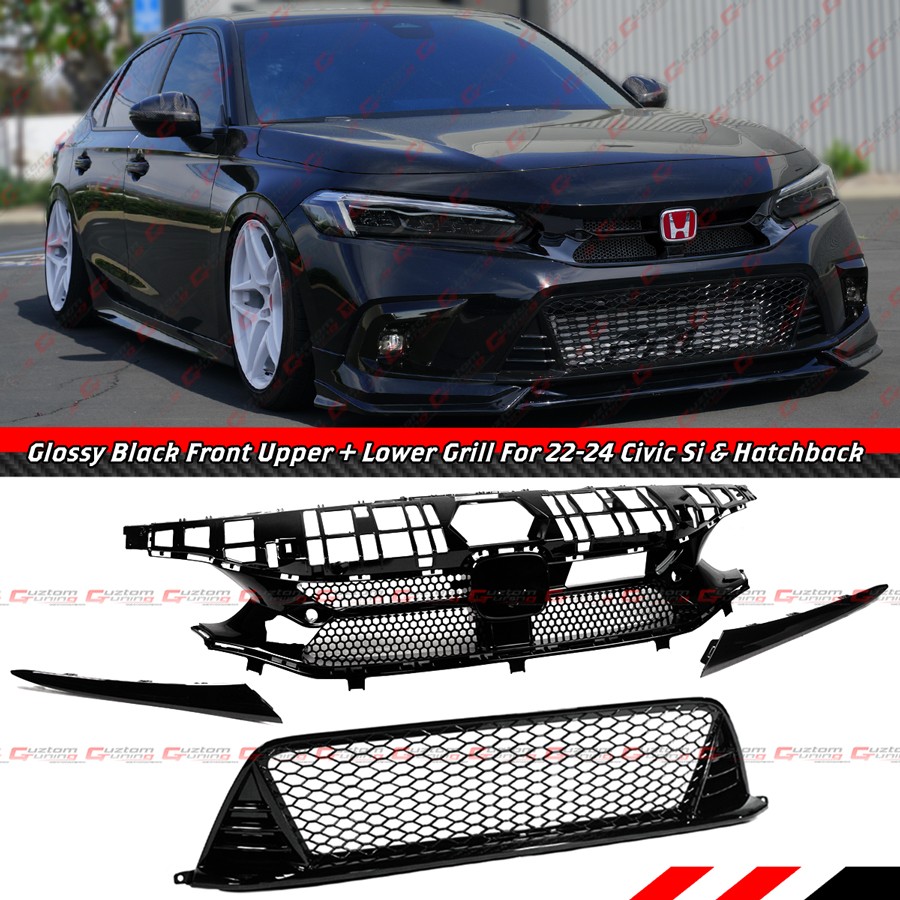 For 22-24 Civic Si & Hatchback VS Gloss Black Front Upper + Type-R Lower Grille