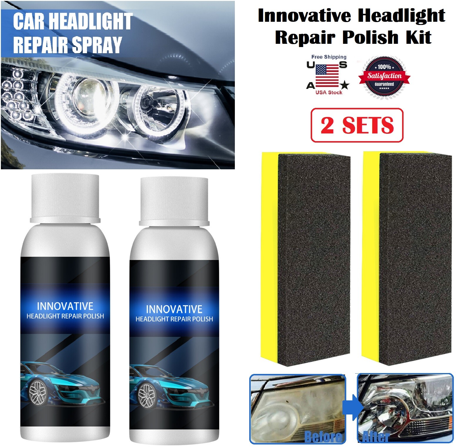 2 × Innovative Headlight Repair Polish Fluid Liquid Kit-Car Lamp Renovation USA