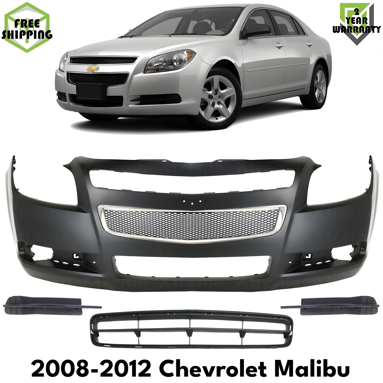 Front Bumper Cover Primed Plastic & Fog Lights Cover For 08-12 Chevrolet Malibu
