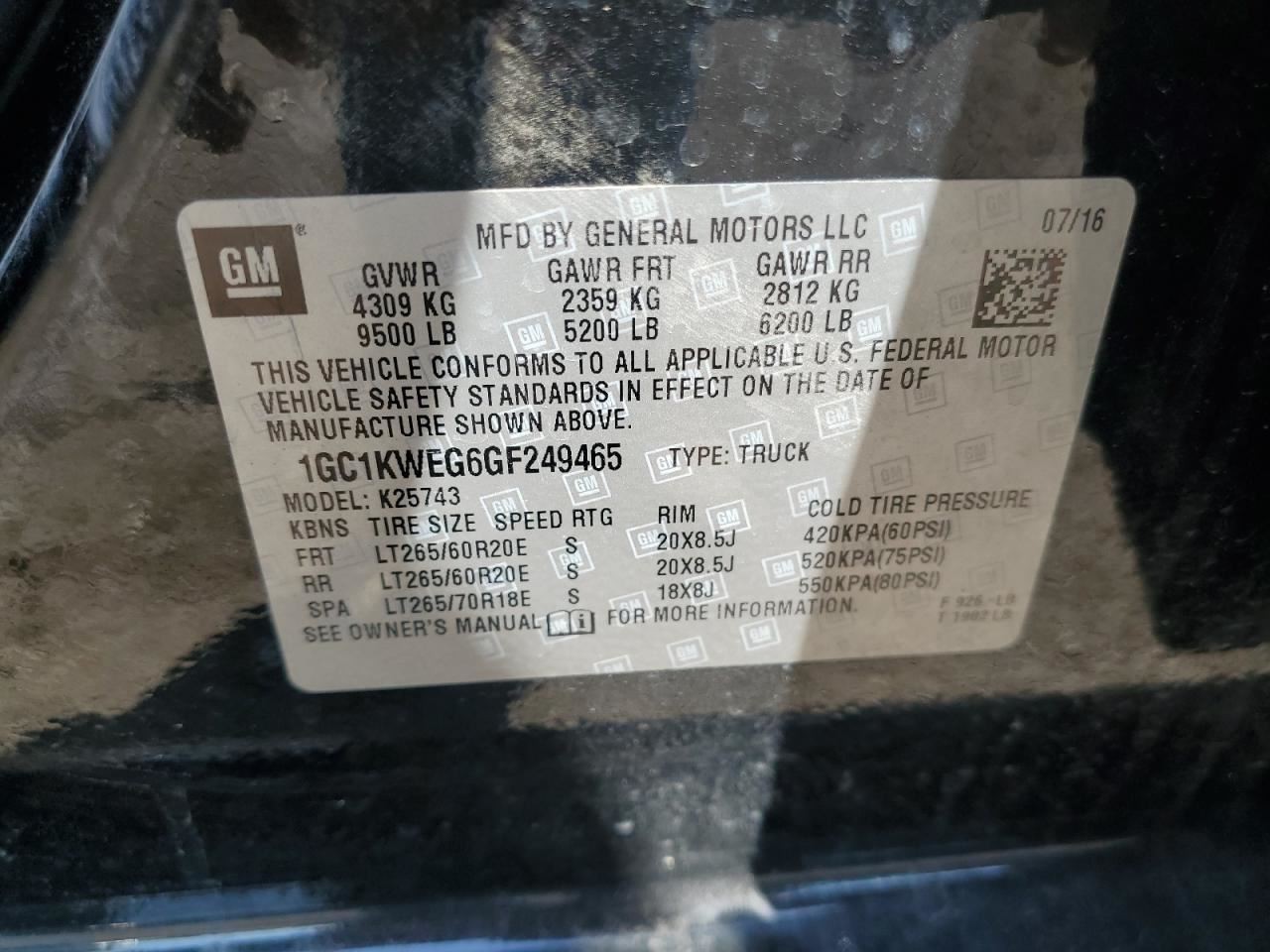 CHEVROLET SILVERADO 2500 PICKUP 2015-2019 RIGHT CENTER PILLAR CREW CAB 1667165