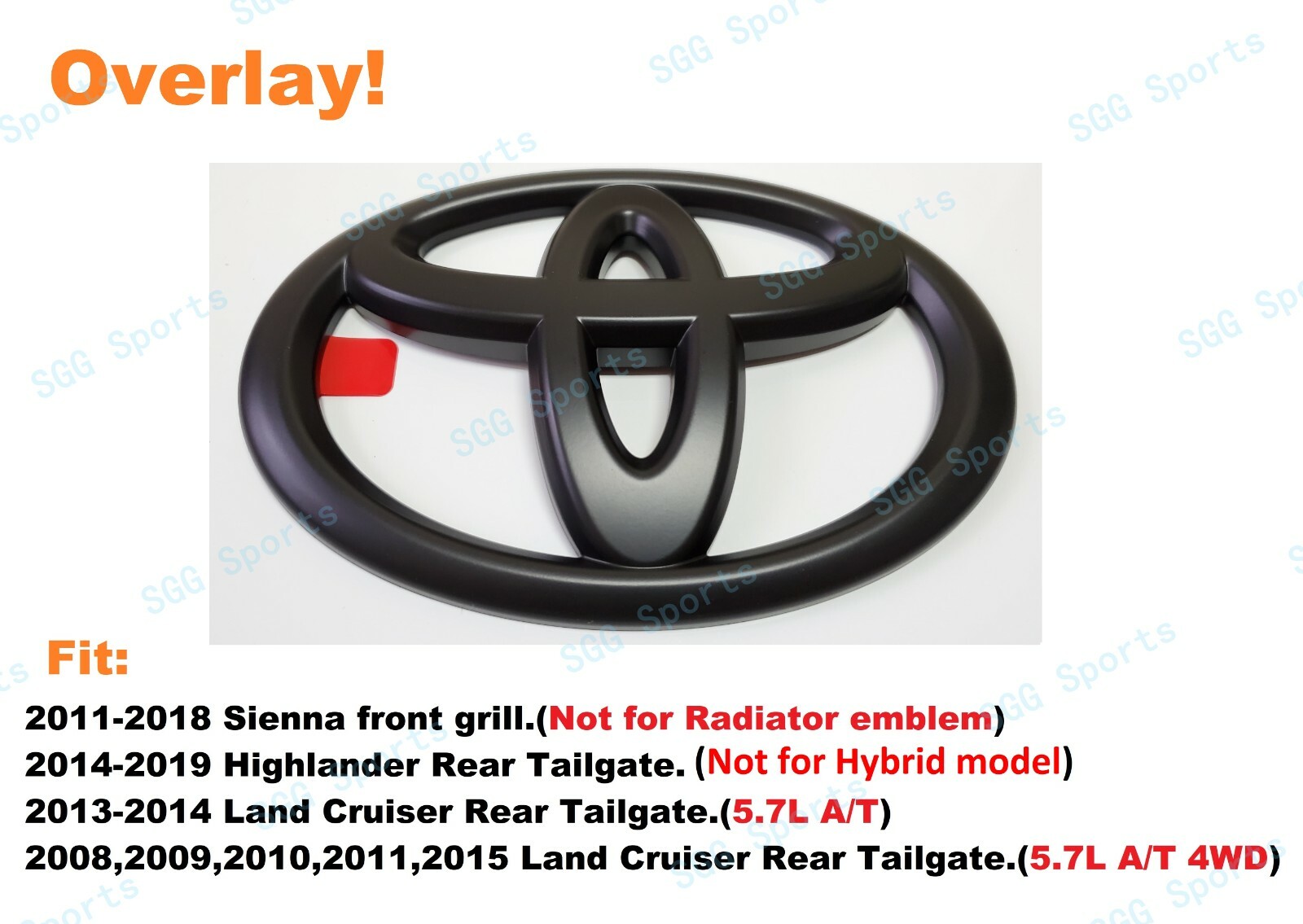 1PC Matte Black Toyota Logo OVERLAY emblem for Sienna Highlander Land Cruiser