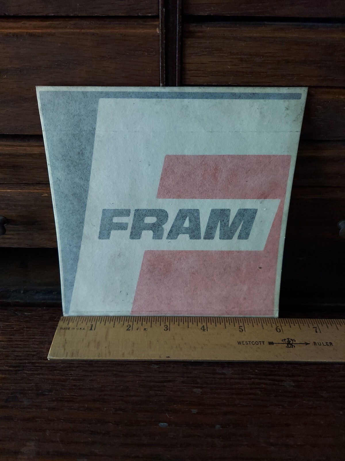 Vintage 1970s FRAM Air & Oil Filters black, white & orange 6″x 6″ Decal NOS