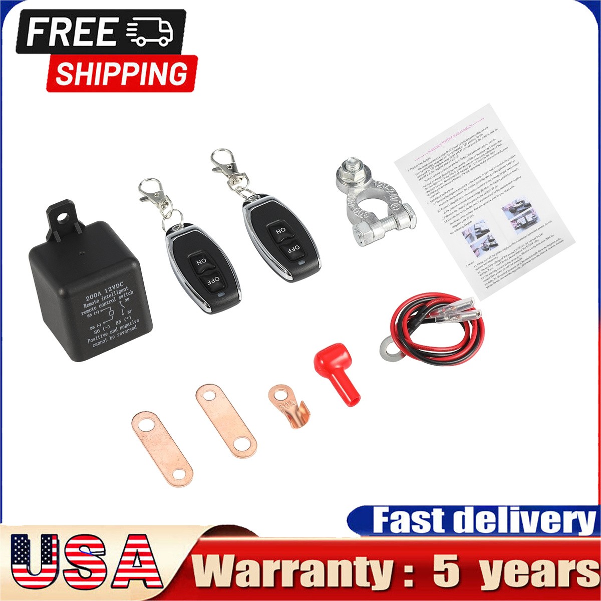 Wireless Dual Remote 12V 200A Car Battery Disconnect Switch Kill Relay Black