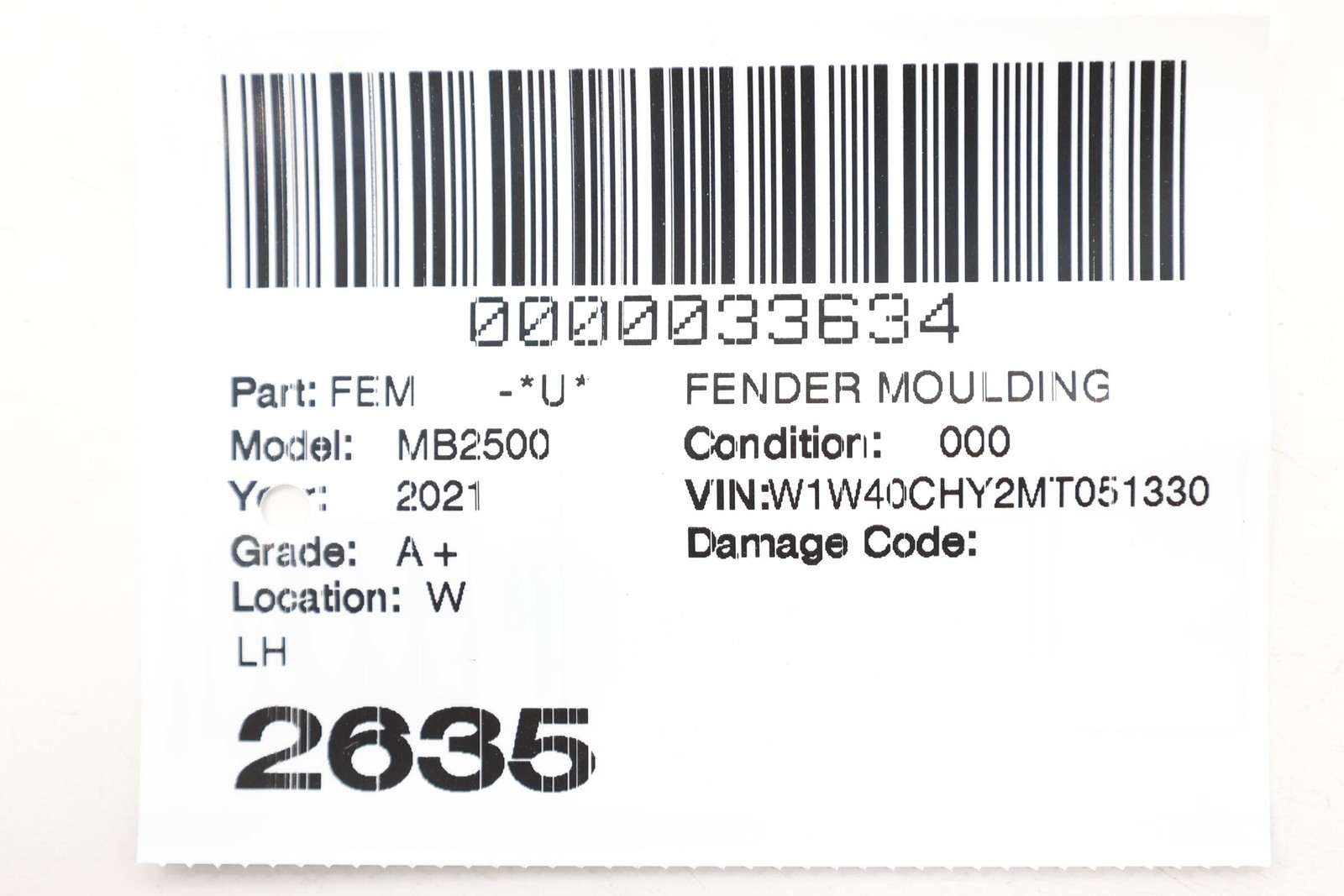 2019 – 2026 MERCEDES SPRINTER 2500 W907 FRONT LEFT SIDE FENDER LOWER MOLDING OEM
