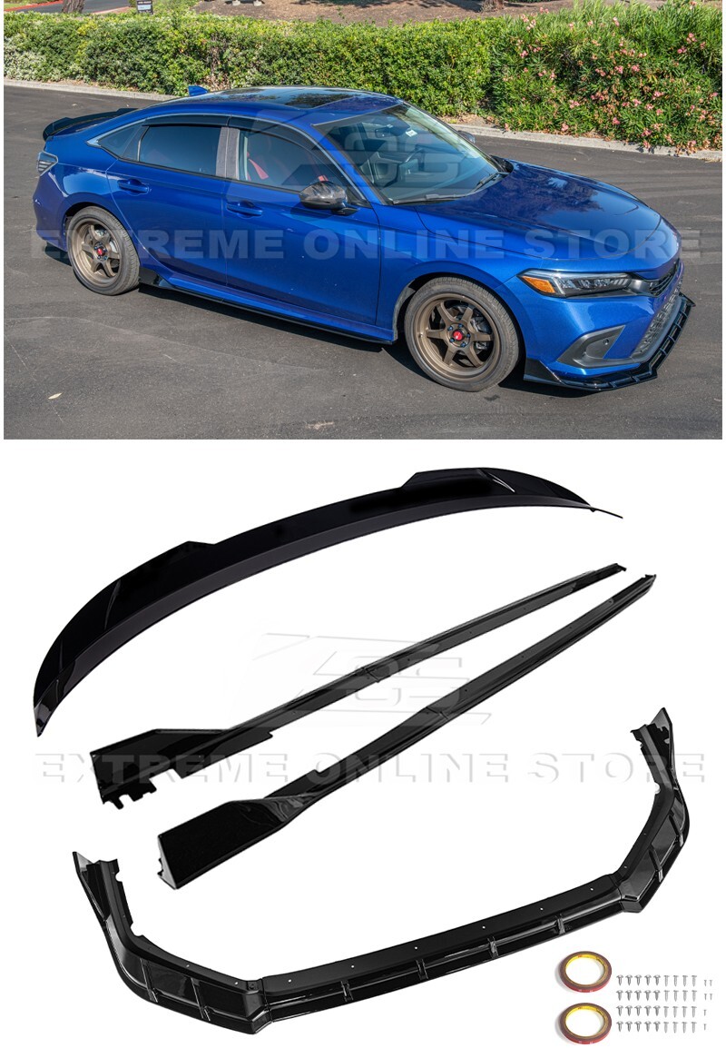 For 22-Up Honda Civic GLOSSY BLACK Front Lip Splitter Side Skirts & Rear Spoiler