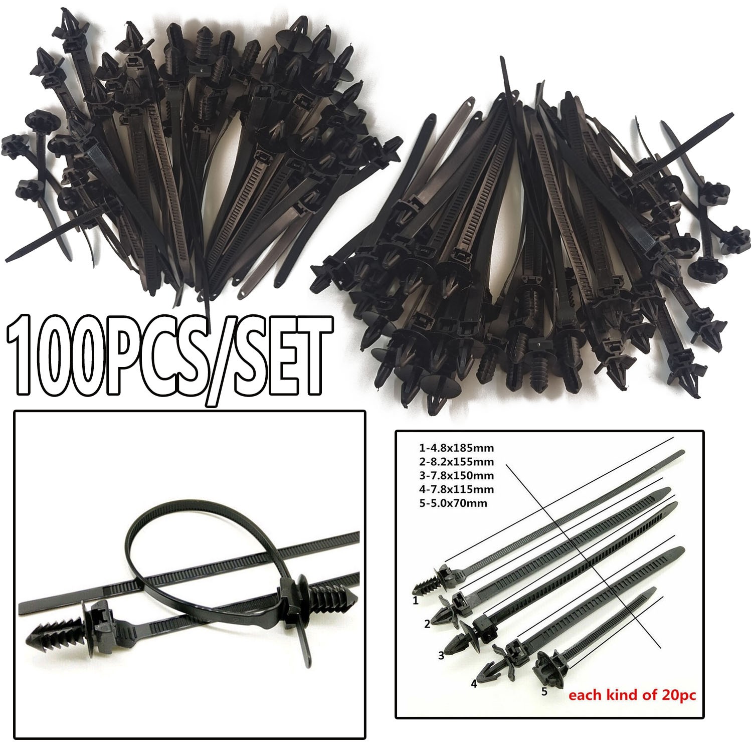 100 pcs/set Car Mixed Line Cable Ties Zip Tie Clip Wiring Loom Harness Universal