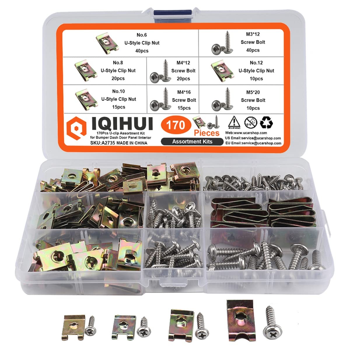170pc Auto U Nut Clip Screw Assortment Kit Fasteners Fender Bumper Trim Panel