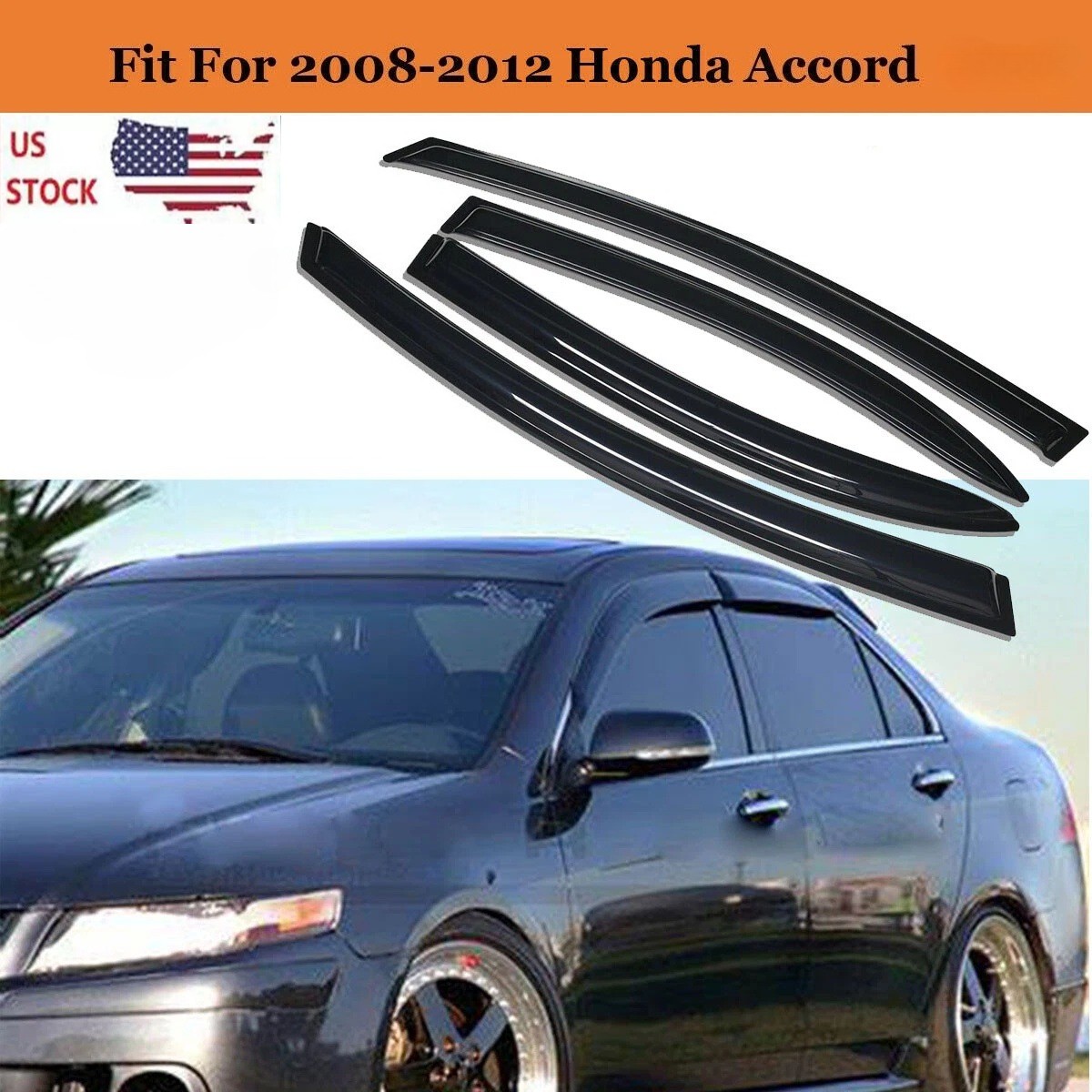 For 08-12 Honda Accord Sedan Chrome Trim Smoke Tinted Window Visors Rain Guards