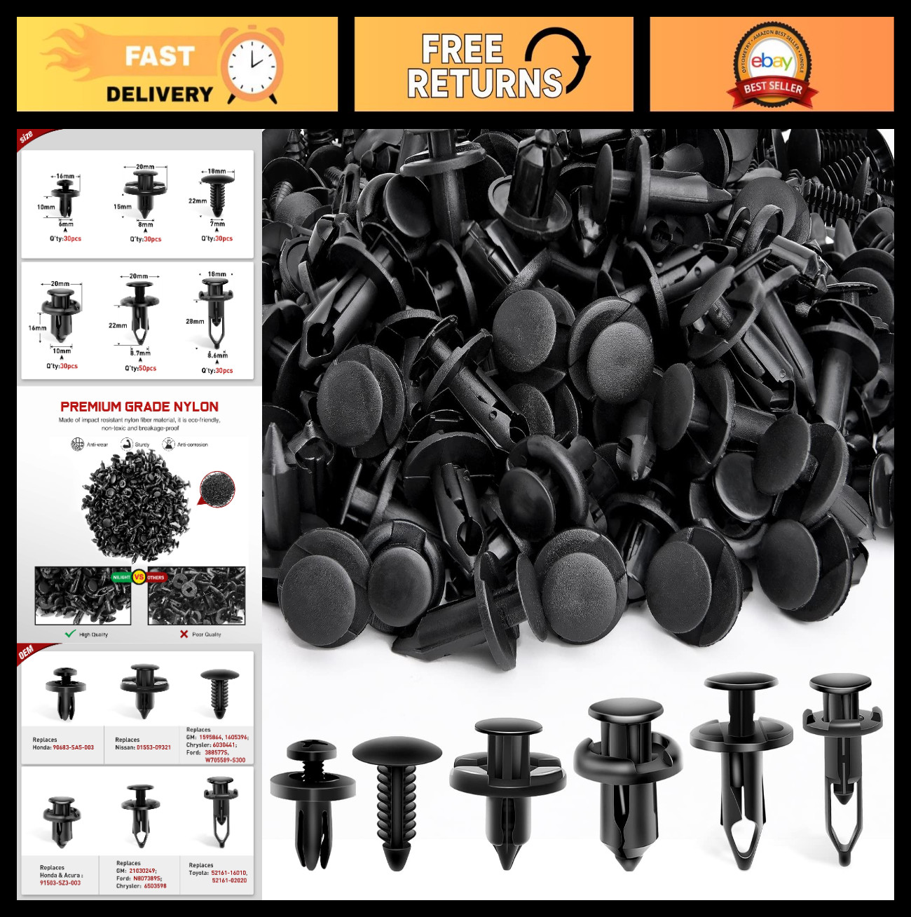 200PCS Car Retainer Clips Set – 6mm 7mm 8mm 9mm 10mm Bumper Push Rivets Kit