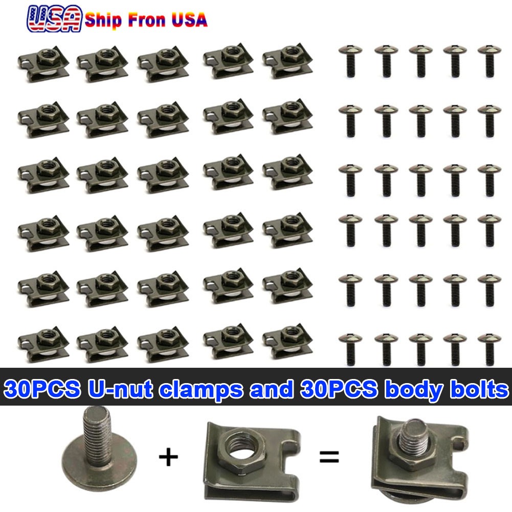 Body Fasteners 30 Bolts & 30 U-Nut Clip for Fender Engine Cover Splash Shield M6