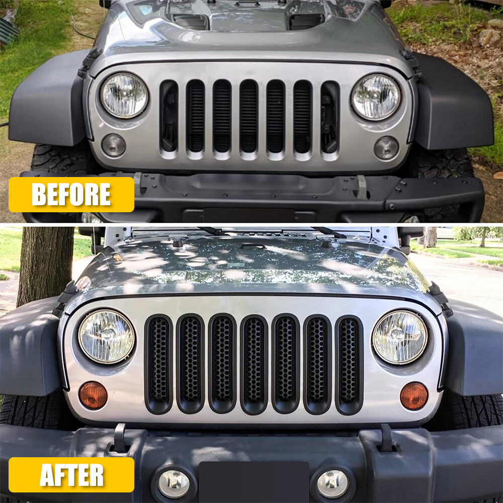 Front Insert Mesh Grille Trim Cover 7PCS For Jeep Wrangler JK 2007-18 Black