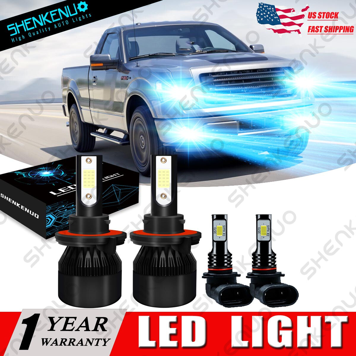 For 2004-2014 Ford F-150 Combo 8000K Front LED Headlight Hi/Low+Fog Lamp 4 Bulbs