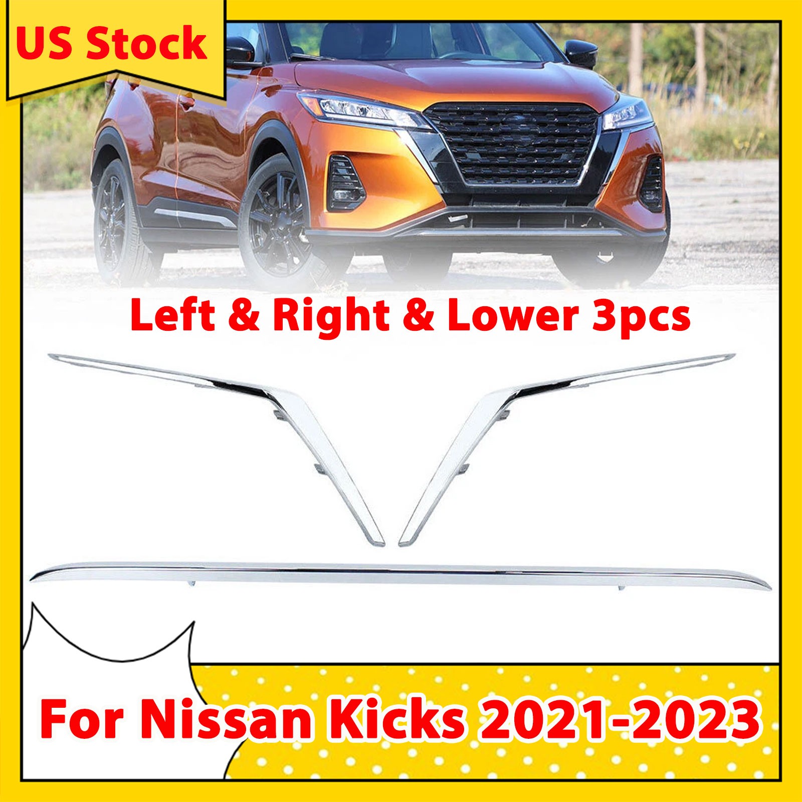 Left & Right & Lower For Nissan Kicks 2021-2023 Front Bumper Molding Trim Chrome