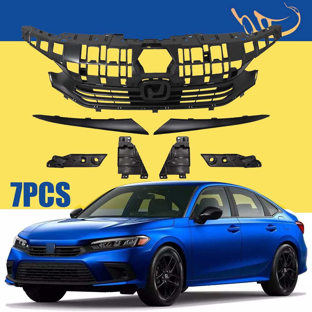 7PCS Black Grill For 2022 2023 2024 Honda Civic Sedan Front Bumper Upper Grille