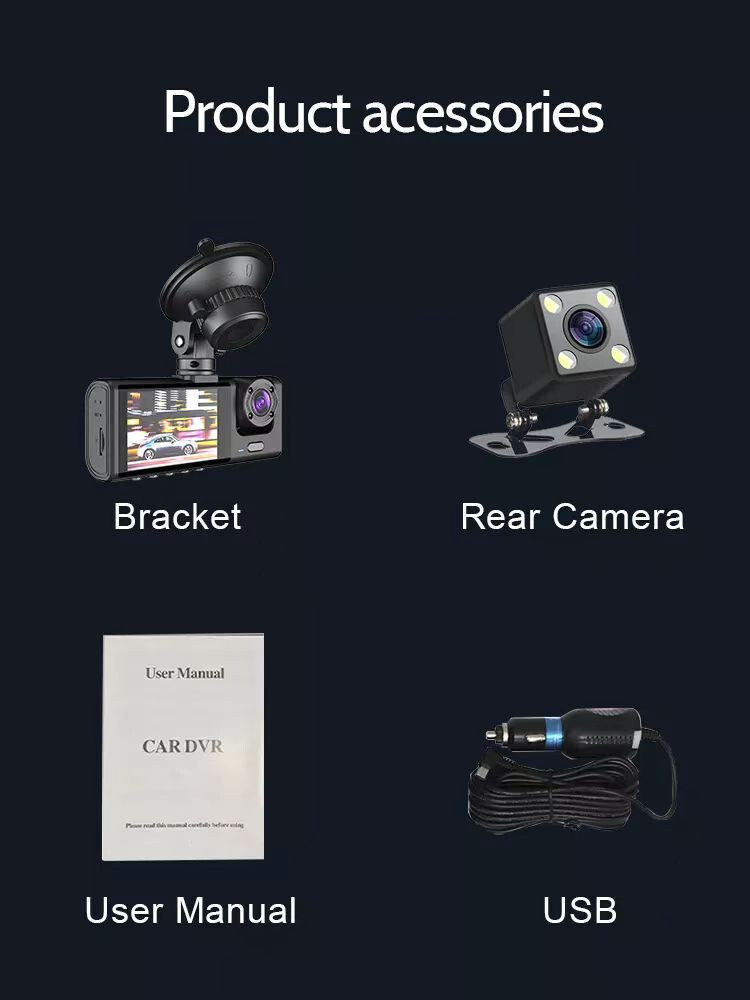 1080P HD Dash Cam Car DVR Video Recorder G-sensor 3 Lens Front And Rear Camera