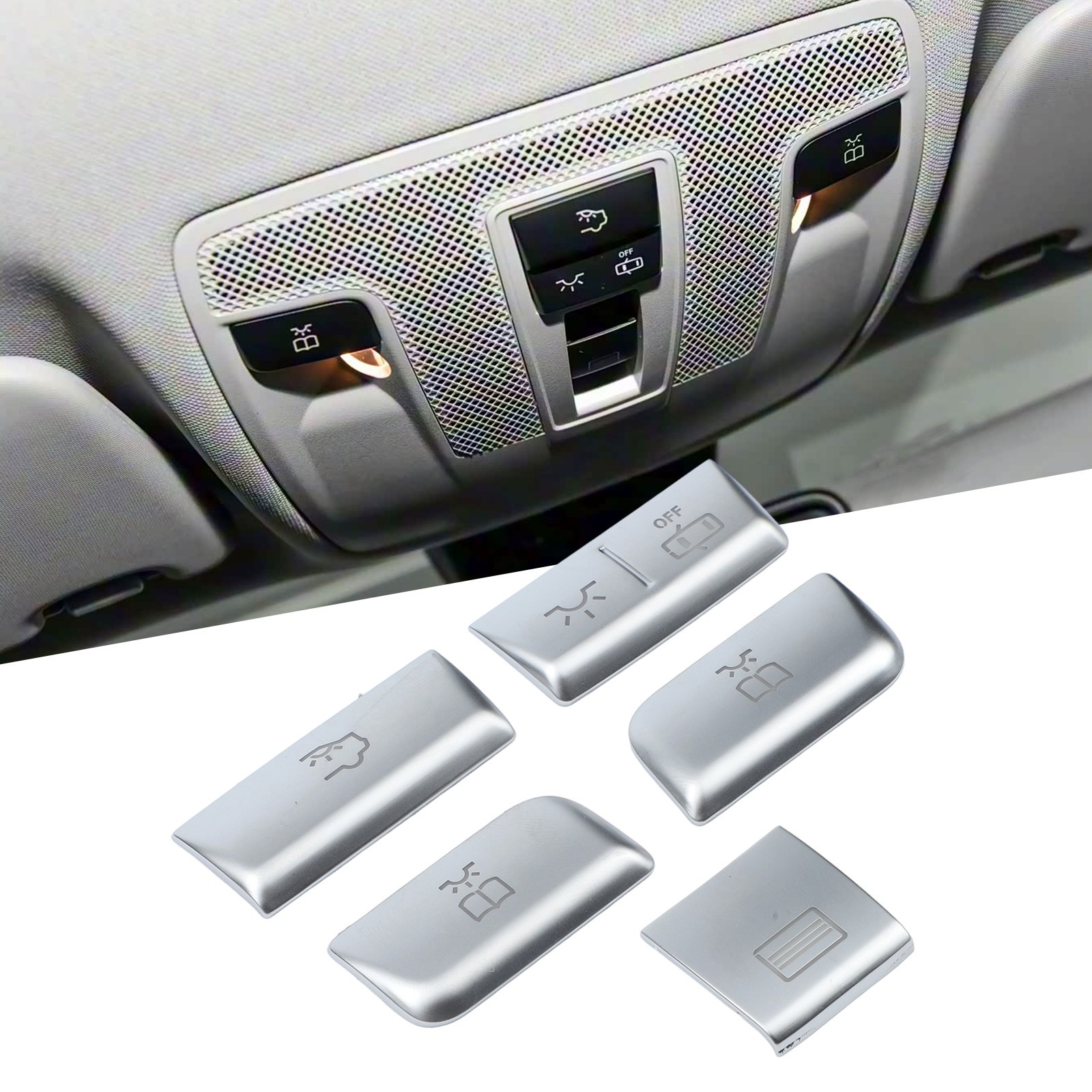 5pcs Silver Roof Reading Lamp Button Patch for Mercedes Car Interior Trim Set