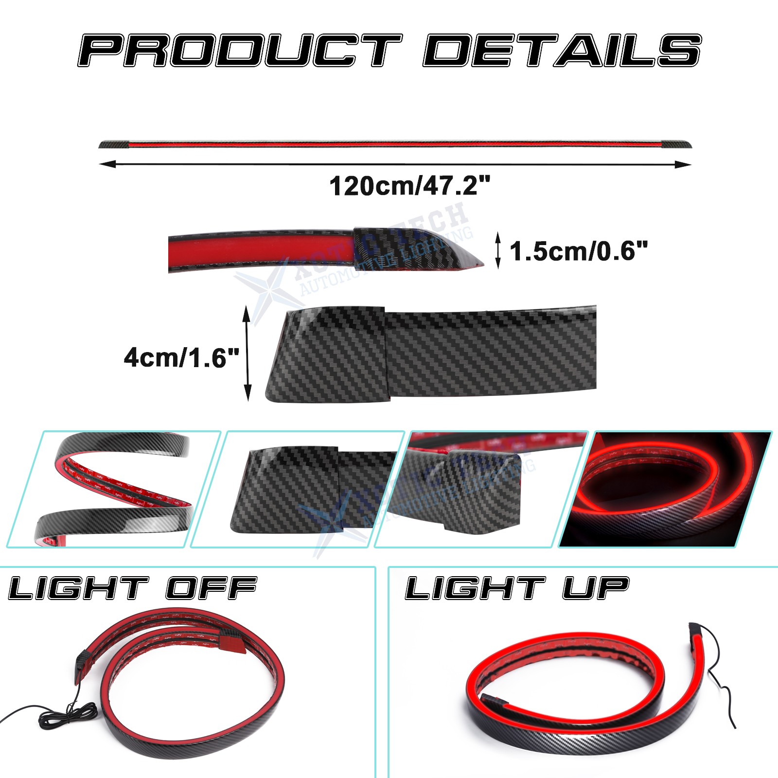 Carbon Fiber PU Rear Roof Trunk Tail Spoiler Wing Lip Tail Signal Brake Light