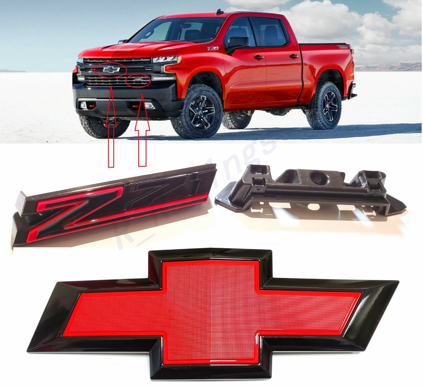 2PCS Black Red Bowtie Gloss Black Red Z71 Grille Emblem 2019-2021 Silverado 1500
