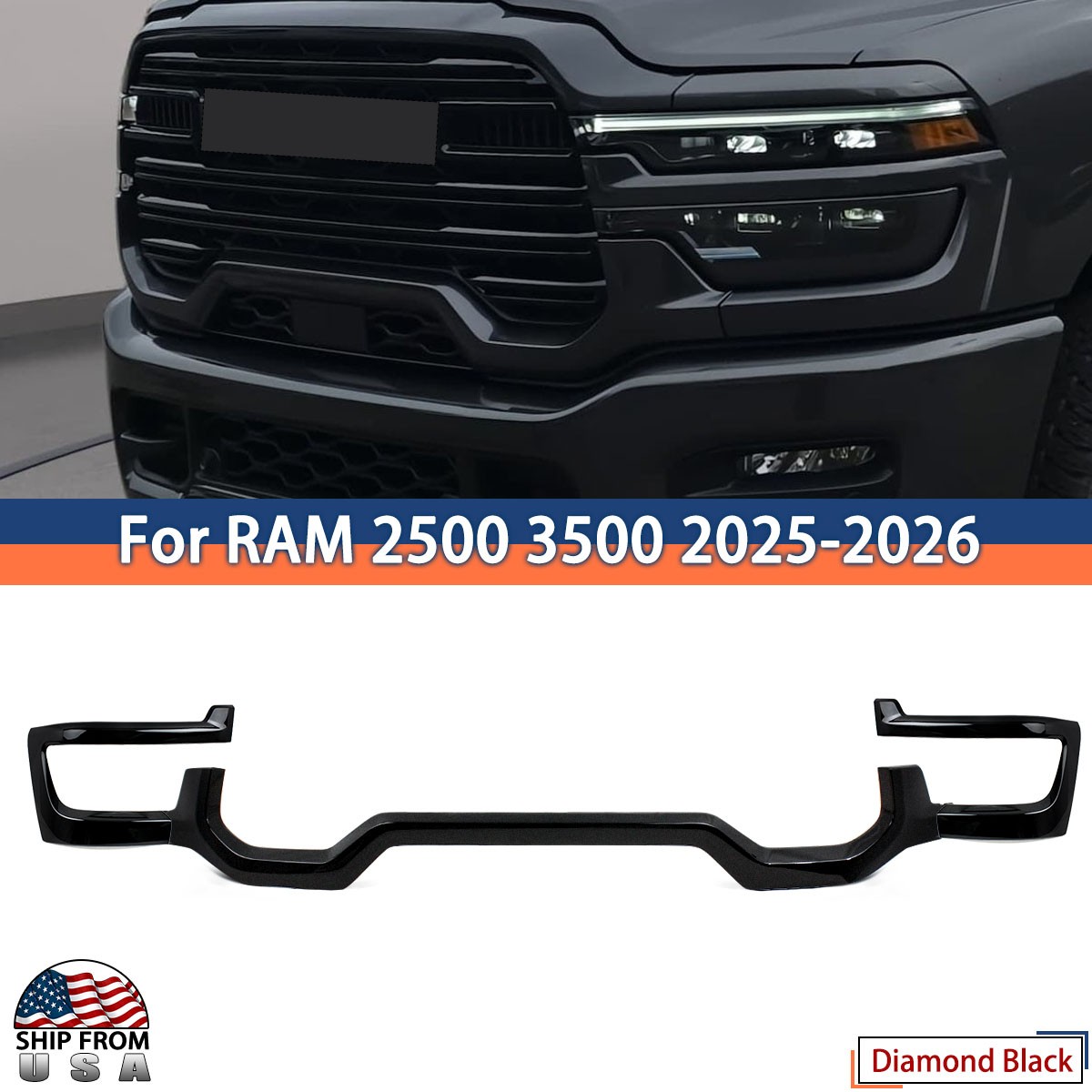 Diamond Black For RAM 2500 3500 2025-2026 Front Grille Lower Molding Trim 3PCS
