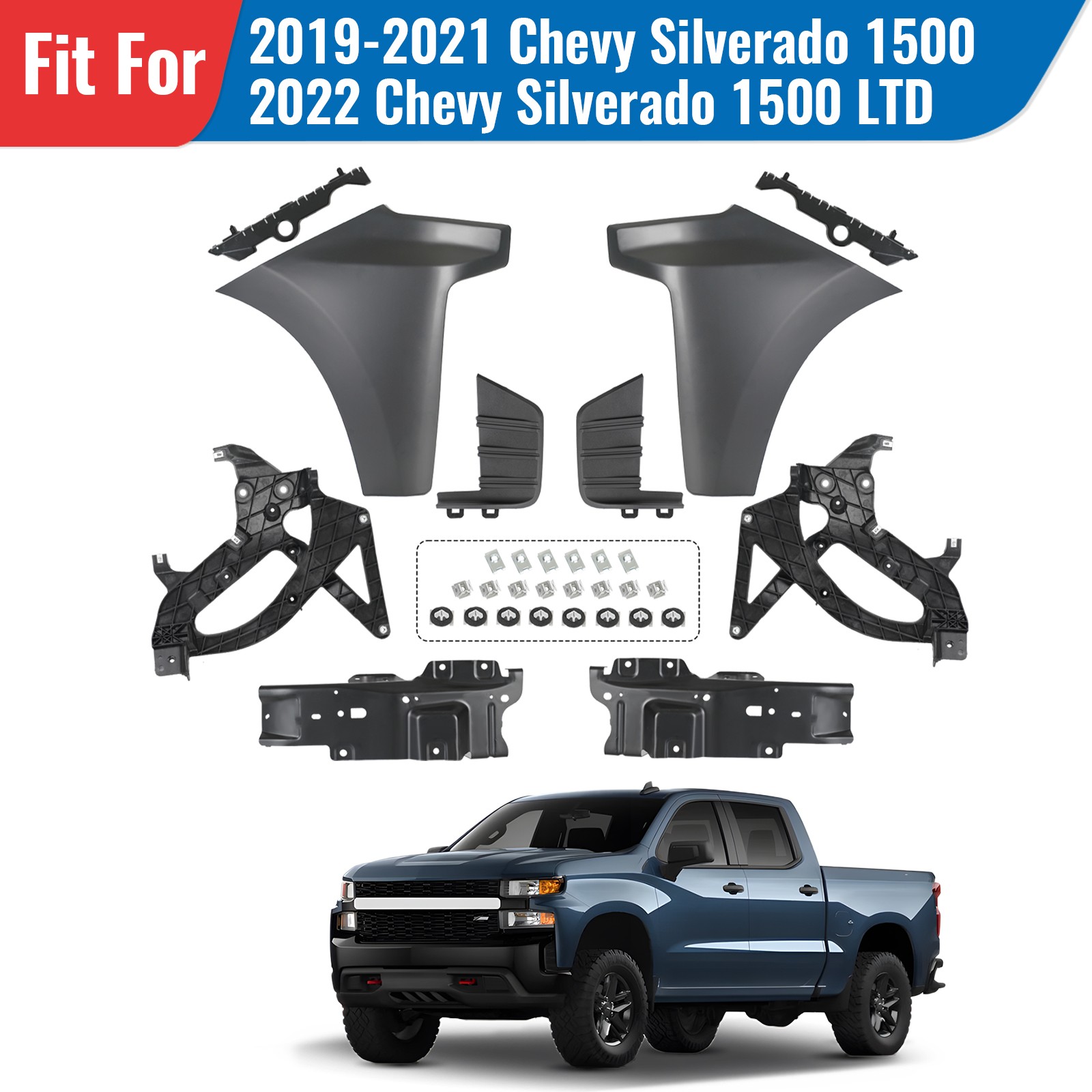 For 2019-2021 Chevrolet Silverado 1500 Front Bumper End Cap with Bracket Kit