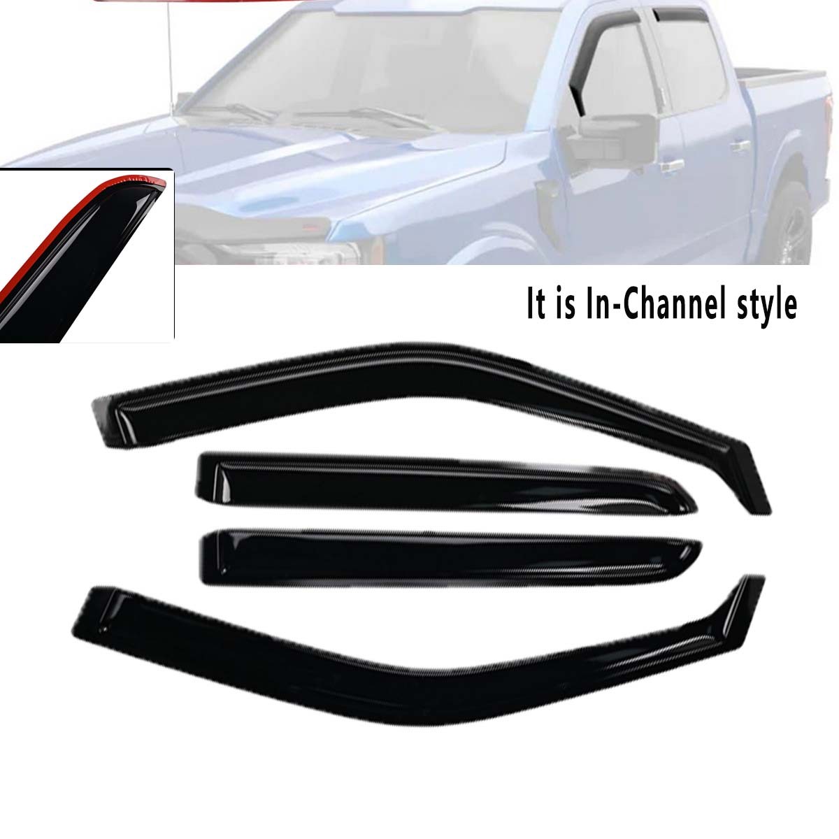 Black IN-CHANNEL Side Window Rain Guards Replace for Ford F-150 Crew Cab 2015-22