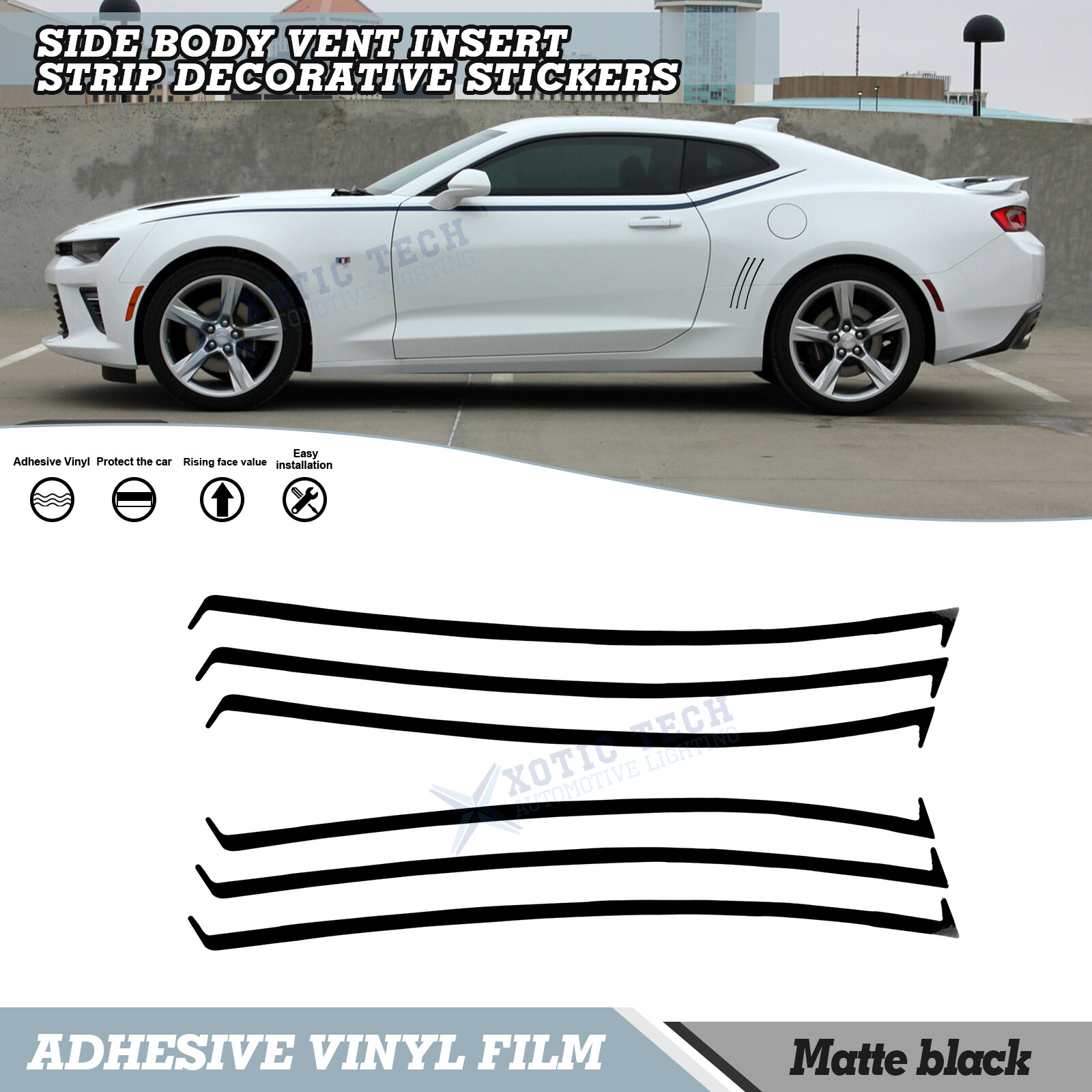 For Chevrolet Camaro 2010-2015 Matte Black Side Body Vent Strip Insert Decals 6X